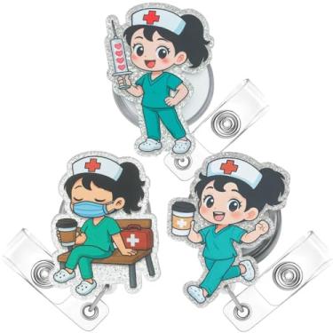 Imagem de Carretel de crachá de enfermeira de desenho animado de 3 peças, fofo, divertido, porta-identidade, clipe jacaré, acessórios de uniforme hospitalar, suprimentos de trabalho hospitalar, presentes de