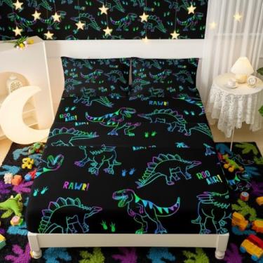 Imagem de QOOMO Jogo de lençol infantil com desenho animado de dinossauros, leve para todas as estações, tamanho Queen, preto para decoração de quarto, 1 lençol com elástico, 1 lençol de cima, 2 fronhas