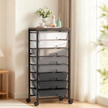 Imagem de Carrinho de rodinhas com 8 gavetas, carrinhos de armazenamento de gaveta de plástico com rodas e mesa de madeira, organizador de carrinho utilitário de metal para quarto, sala de estar, escritório