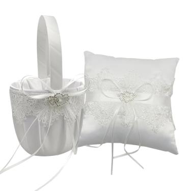 Imagem de Cesto de Flores Travesseiro para Portador Anel Casamento Coração Fofo Laço Seda Renda Ribbon Cristal Pérola Decoração Fe