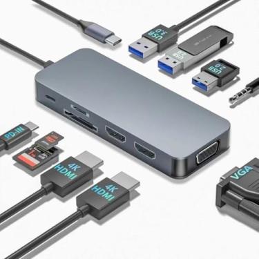 Imagem de WWLSV Estação de Ancoragem com Dois Monitores USB C 10 em 1 Dual 4K HDMI, VGA, Carregamento Rápido USB 3.0 e 2 Portas USB 2.0, Leitor de Cartão SD/TF, Áudio Auxiliar de 3,5 mm, Adaptador