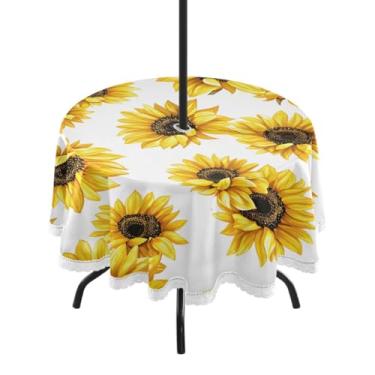 Imagem de Qilmy Toalha de mesa de girassol redonda impermeável de 152 cm com orifício para guarda-chuva e zíper – uso externo / interno resistente para pátio, churrascos, piqueniques, festas (serve para mesas