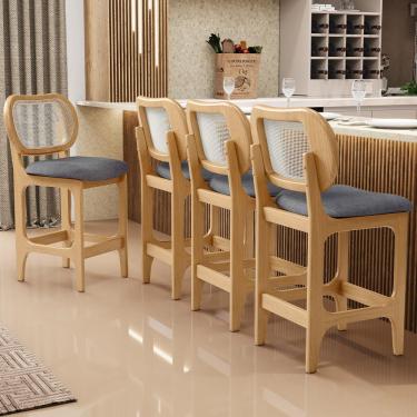 Imagem de Kit 3 Banquetas Baixa Bar Cozinha Sala de Jantar Betta L02 Mel Tela Linho Cinza Escuro - Lyam Decor