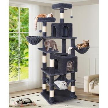 Imagem de AMHANCIBLE Árvore para gatos, 187 cm de altura para gatos adultos em ambientes internos, grande torre multinível com poste para arranhar, rede, condomínios, cesta suspensa, centro de atividades para