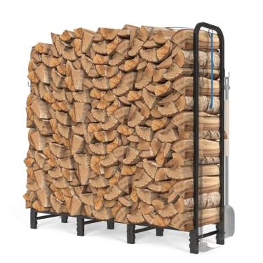 Imagem de Suporte para lenha, suporte de tronco de lareira de 1,5 m, suporte de empilhador de lenha resistente com ganchos de metal e cordas elásticas, organizador de armazenamento de madeira ajustável para