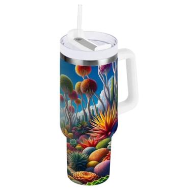 Imagem de ODAWA Copo de aço inoxidável grande com alça e tampa de palha, copos coloridos de viagem com isolamento de suculentas