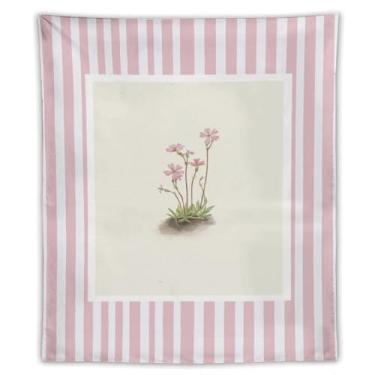 Imagem de Tapeçaria de parede botânica de flor rosa vintage listras blush boho cottagecore decoração floral minimalista tecido para pendurar para quarto, dormitório, berçário, espaço de estar, apartamento