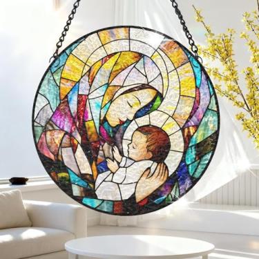 Imagem de 1 peça de decoração de pendurar apanhador solar de acrílico colorido, decoração de janela de Madonna e criança 18 cm com design de estilo vitral impresso, ideia de presente e ornamento de jardim uso