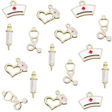 Imagem de Mimalexin Conjunto de pingentes para fabricação de joias com tema médico, 48 peças de pingentes de enfermeira esmaltados banhados a ouro com estetoscópio, seringa, design de tampa para artesanato de