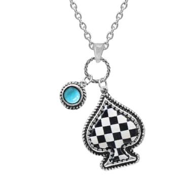 Imagem de Rosemarie & Jubalee Colar com pingente xadrez Western Spade com pingente turquesa, quadriculado preto e branco, 45-53 cm com extensão de 7,6 cm
