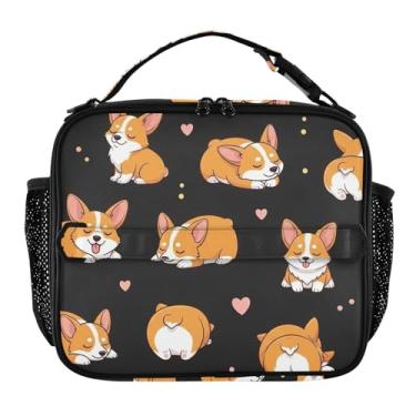 Imagem de Joisal Lancheira fofa para cães Corgi preta para meninas mulheres lancheira infantil masculina lancheira para trabalho reutilizável bolsa térmica com alça de ombro ajustável
