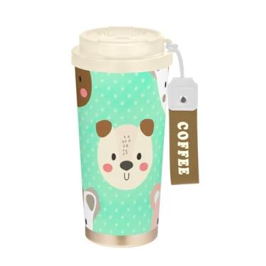 Imagem de TSENQUE Copo de café de viagem 473 ml com canudo e tampa de filme, revestimento cerâmico, isolamento a vácuo, aço inoxidável, copo de café para viagem, à prova de vazamento, rostos de animais fofos