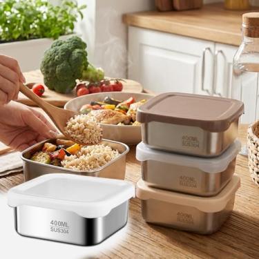 Imagem de Recipiente quadrado de aço inoxidável para armazenamento de alimentos com tampa de silicone para viagens ao ar livre, acampamento, à prova de vazamento e lavável na lava-louças, 400 ml (branco, 10 x