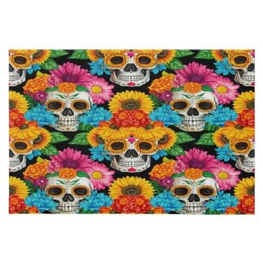 Imagem de Wassud Tapete de porta de caveira e girassóis 61 x 89 cm, tapete de área lavável antiderrapante com suporte de borracha, tapete macio e macio para sala de estar, quarto, entrada, entrada