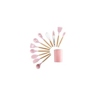 Imagem de Conjunto de Utensílios de Silicone e Plástico, 3 Peças, Rosa, com Fuê 26cm, Espátula 24,5cm e Pincel 22cm, para Confeitaria e Cozinha