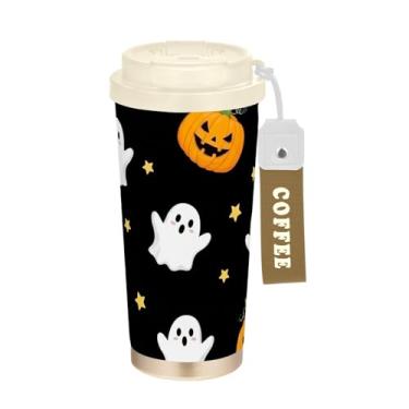 Imagem de TSENQUE Caneca de café de viagem de 473 ml com tampa de canudo e filp, copos de parede dupla isolados a vácuo com revestimento cerâmico, fantasmas brancos fofos para Halloween, preto