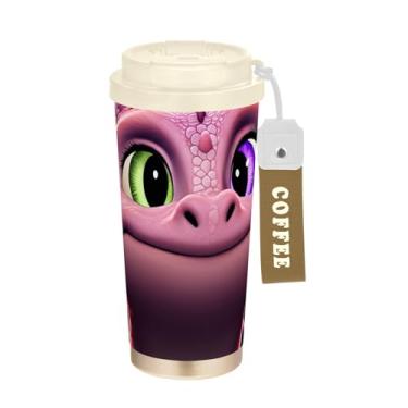 Imagem de Caneca de viagem de café 40 ml com revestimento cerâmico, copo de café de viagem de aço inoxidável com canudo e tampa, copo isolado a vácuo, dragão rosa fofo
