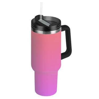 Imagem de Copos com tampas e canudos ombré coral rosa gradiente copo com alça 1,134 g garrafa de água fofa à prova de vazamento caneca de café quente de aço inoxidável isolada para carro