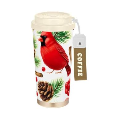 Imagem de TSENQUE Caneca de café de viagem 40 ml com canudo e tampa, revestimento cerâmico isolado a vácuo aço inoxidável copo de café para viagem à prova de vazamento, pássaros vermelhos Natal