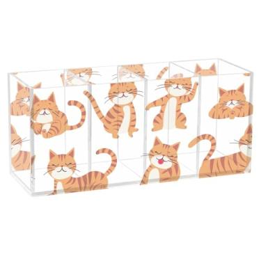 Imagem de TSENQUE Porta-lápis de acrílico fofo com estampa de gato laranja para mesa, artesanato, copo de papelaria para canetas, decoração de escritório, organizador de mesa