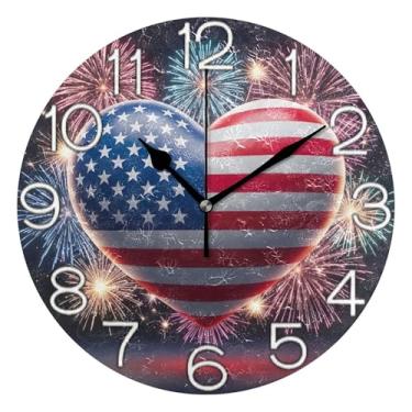 Imagem de GAIGEO Relógio de parede analógico coração bandeira americana fogos de artifício relógio decorativo de cozinha bonito operado por bateria silencioso, arte de parede moderna legal decoração de casa, 25