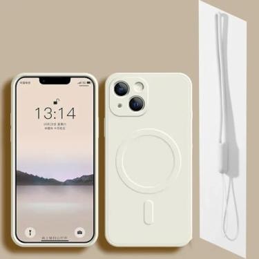 Imagem de Capa magnética com carregador sem fio para iPhone 16, 15, 14, 13, 12, 11 Pro Max, XR, XS, 7, 8 Plus, capa preta de silicone com alça, branca, para iPhone 12 mini