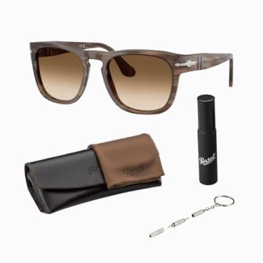 Imagem de Persol ELIO PO3333S Óculos de sol quadrados com kit oficial de óculos, Armação marrom listrada | Lente marrom gradiente
