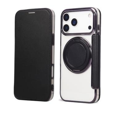 Imagem de Capa carteira para iPhone 17 Pro Max com 3 compartimentos para cartão, bloqueio RFID, suporte de anel giratório de 360° e compatibilidade magnética, capa traseira transparente à prova de choque