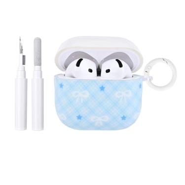 Imagem de Fycyko Capa compatível com AirPods 4, TPU macio com kit de limpeza, design de laço moderno, à prova de choque, capa de chaveiro para meninas e mulheres - estampa azul Argyle