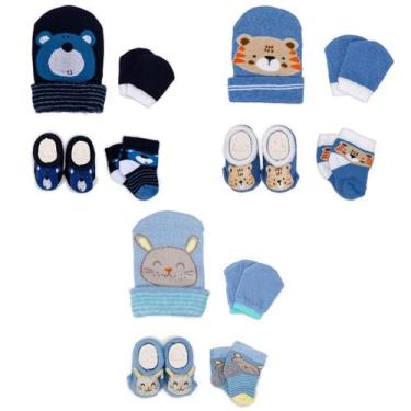 Imagem de Kit 3 Toucas Meias Luvas e Pantufas Bebê Recém Nascido Menino Saída Ma
