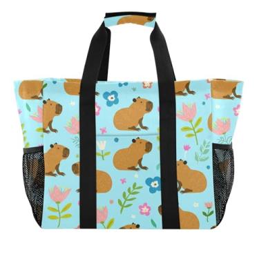 Imagem de Joitme Bolsa de lona reutilizável de cozinha cores bolsas de praia para mulheres bolsas utilitárias grande dobrável mãe bolsa dobrável capivaras fofas flores coloridas azul