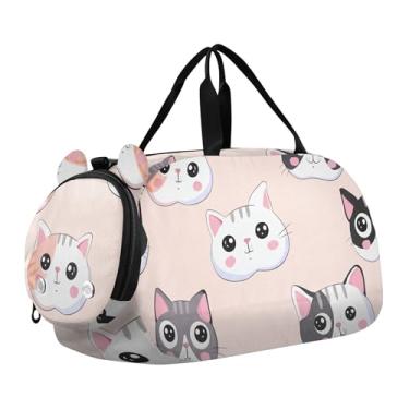 Imagem de Bolsa esportiva para meninos e meninas, floral, verde, laranja, bolsa de viagem com compartimento para sapatos, Caras fofas de gatos com desenho animado rosa claro, Clássico