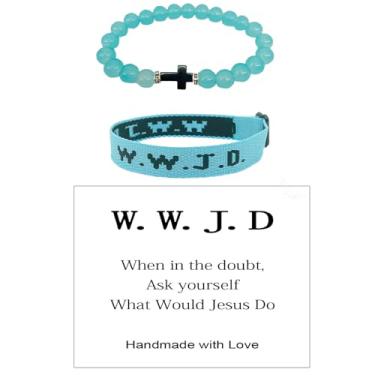 Imagem de COLORFUL BLING WWJD Pulseira de Corda Trançada Cruz Contas de Cristal Conjunto de Pulseiras Pedra de Cura Natural Feito à Mão What Would Jesus Do Pray Pulseira Elástica Proteção Presentes Inspiradores