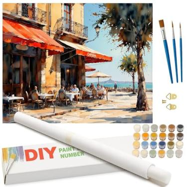 Imagem de Kit de pintura à beira-mar por números para adultos – DIY Café ao ar livre à beira-mar com pintura de toldos vermelhos enrolada em tela 40,6 x 50,8 cm, conjunto de tinta acrílica, adequado para
