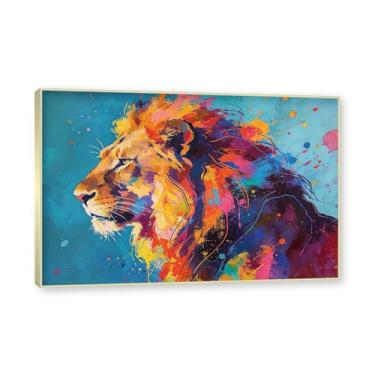 Imagem de Moldura dourada. Arte abstrata de respingos de leão, pintura colorida de animais em tela, decoração de parede expressiva moderna para sala de estar ou escritório. A88. 50 x 75 cm - 19,7 x 29,6 pol.