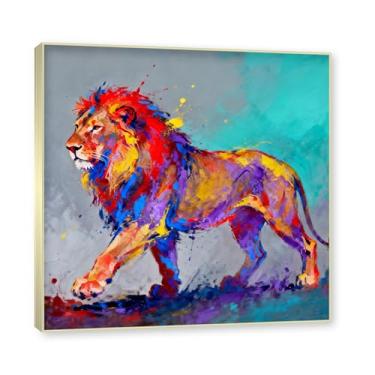 Imagem de NHLDZYH Moldura dourada. Quadro abstrato de leão - arte moderna com salpicos de cor vibrante - arte de parede energética para casa, escritório ou negócios - tela decorativa. A12. 40 x 40 cm.