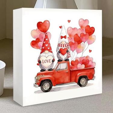 Imagem de Placa de mesa de dia dos namorados caminhão gnomo - decoração de balão de coração vermelho, presente adorável para ela e decoração de casa doce