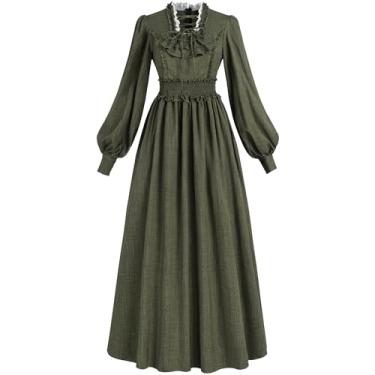 Imagem de FCCAM Vestido vitoriano verde para mulheres, manga comprida, vestido eduardiano, vestido de baile, fantasia renascentista, G
