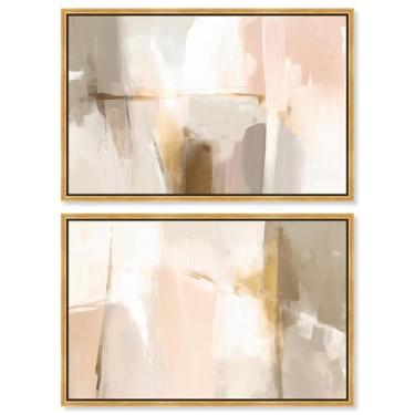 Imagem de Conjunto de 2 arte de parede de sala de estar com impressão em tela de luxo neutro por Art Remedy, moldura dourada, 61 x 40 cm