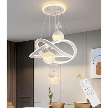 Imagem de Luminária pendente LED moderna com cristais, controle remoto, dimerizável, ideal para sala de jantar, quarto, cozinha e ilha (branca, redonda).