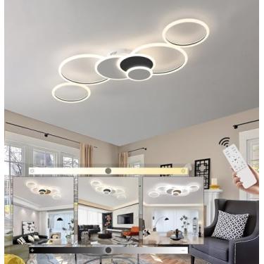 Imagem de Luminária de teto LED moderna para sala de estar, redonda, 120 cm, 105 W, regulável, com controle remoto, para restaurantes e ambientes internos (preto e branco).