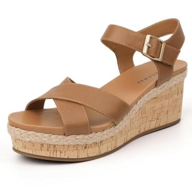 Imagem de WONDERWAY Sandália feminina de bico aberto, alpargatas, plataforma, com tira elástica no tornozelo, elegante e confortável, Marrom, 36