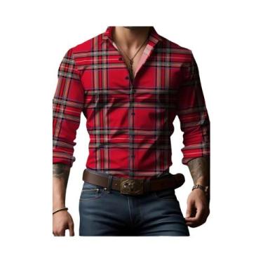 Imagem de Camisa Masculina De Manga Longa Com Estampa Xadrez Oversized, Botão Fr