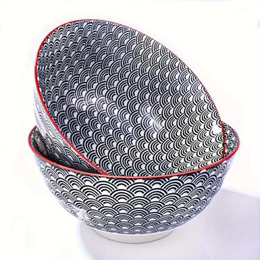 Imagem de Tigelas de sopa de cerâmica estilo japonês, padrão ondulado azul e branco, 19 cm de diâmetro, 2 tigelas de ramen de 1100 ml