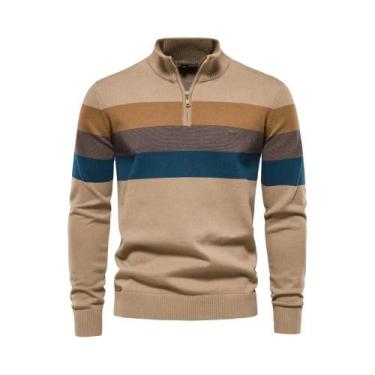 Imagem de Suéter Masculino De Algodão Com Zíper E Gola Alta, Estilo Casual Quent