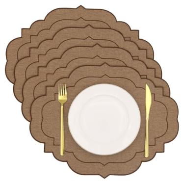 Imagem de Jogo americano oval de linho de algodão, conjunto de 4, tapetes de mesa HADEEONG de pano, lavável resistente a rugas, jogo americano de tecido recortado e bordado, 45 x 35 cm (café, 4)