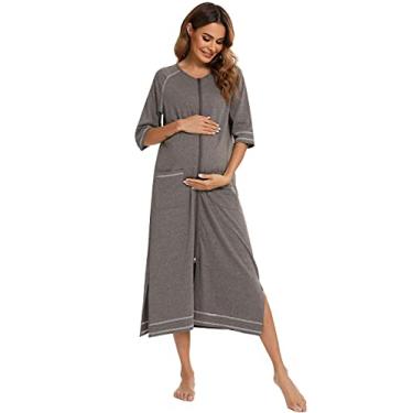 Imagem de HHHJQFAAT Pijama feminino com zíper, vestido de maternidade, manga 3/4, para amamentação, vestido de gravidez (cinza escuro 2X)