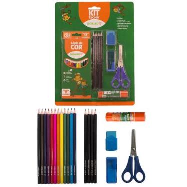 Imagem de Kit Material Escolar 20 Peças - 12 Lapis de Cor 4 Lapis grafite HB Apo