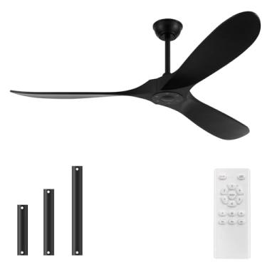 Imagem de wodiston Ventilador de teto externo de 132 cm sem luz, fluxo de ar grande com 3 lâminas de madeira maciça, ventilador de teto preto com motor reversível DC e silencioso para varanda, sala de estar