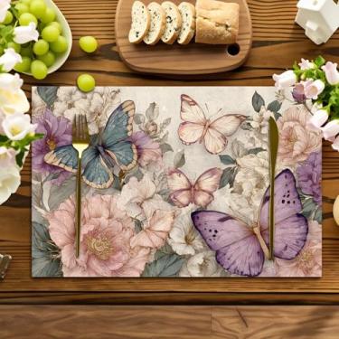 Imagem de Jogo americano clássico com estampa floral pastel e borboleta, lavável, perfeito para festas de fim de ano, decoração de casa, mesas de cozinha e jantares retangulares
